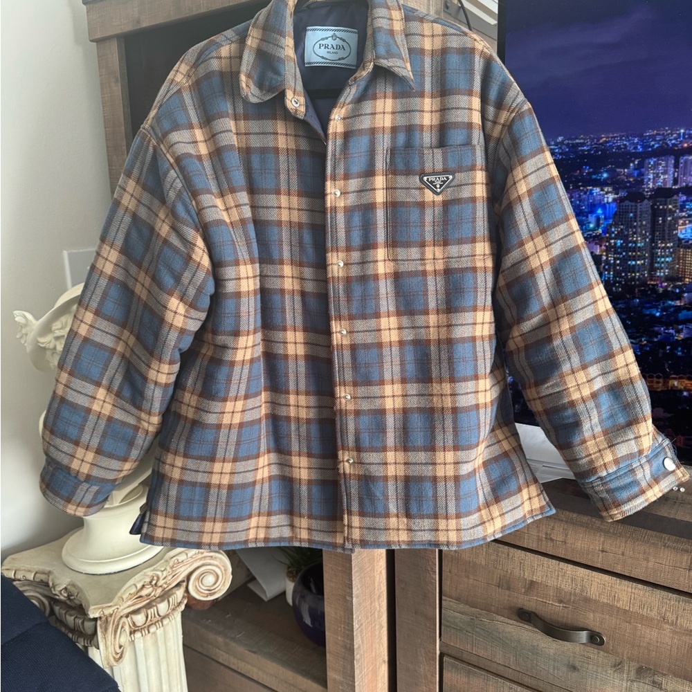 Prada Blue and Tan Plaid Overshirt